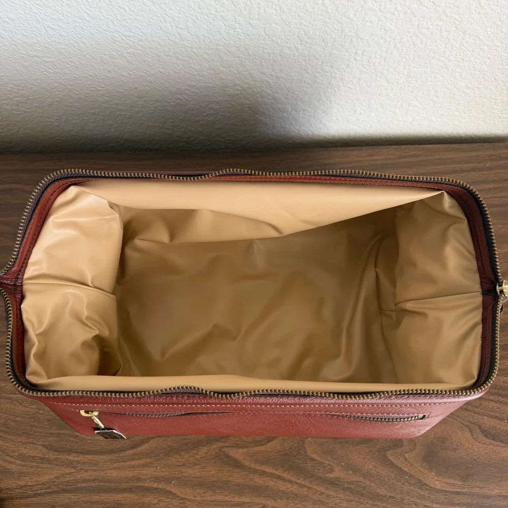 Vintage Brown Leather Zippered Travel Toiletry Dopp Bag Tan Lined Sheldon USA